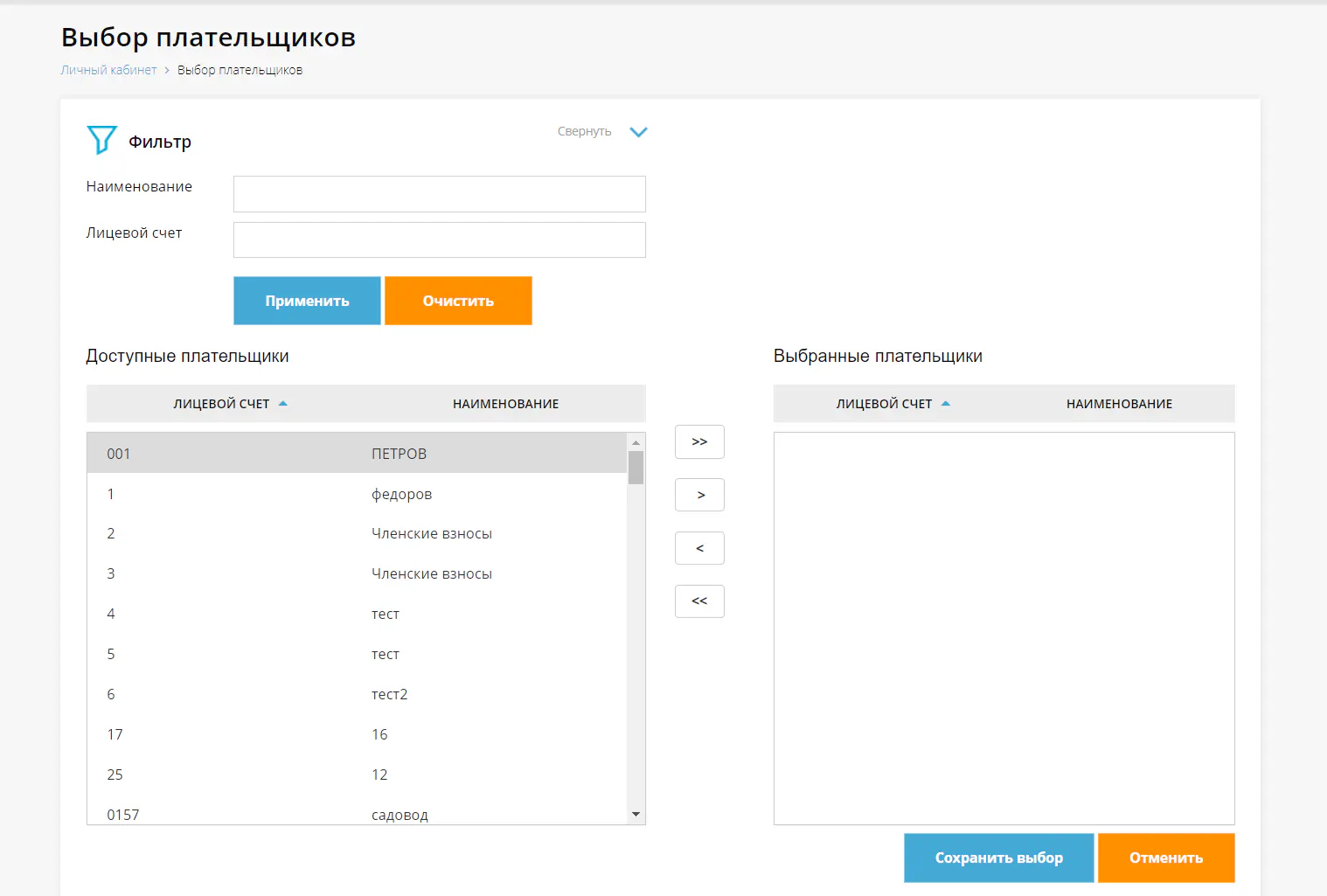 Окно выбора плательщиков